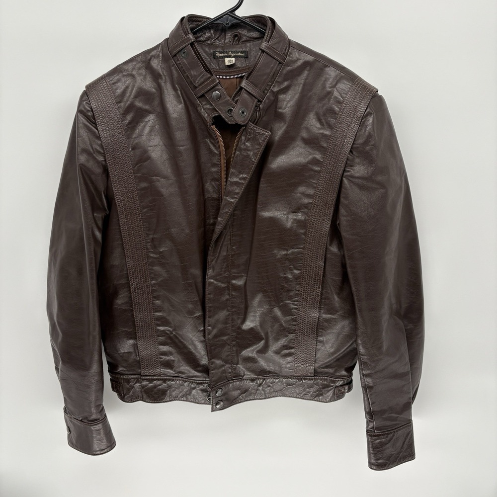 Vintage 80s Smooth Brown Leather Cafe Racer Belted Collar Moto Retro 38 M
